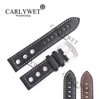 carlywet 22mm real calf leather handmade black brown with white stitches wrist watch band strap belt clasp for rolex omega iwc