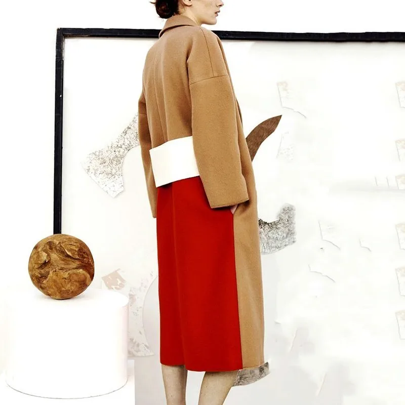 khaki coat TWOTWINSTYLE, повседневное шерстяное пальто для женщин, длинный рукав, пэчворк, хит цветов, длинные зимние куртки для женщин, модная новинка - Цвет: khaki coat