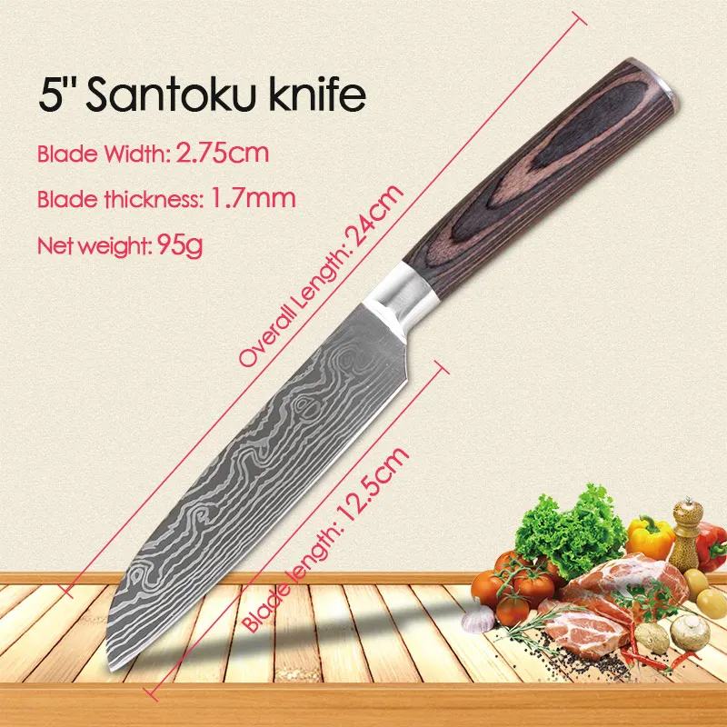 Высокое качество 8 дюймов поварские Ножи Имитация дамасской стали Santoku кухонные ножи острые фрукты овощи мясо кухонные ножи - Цвет: 5 inch