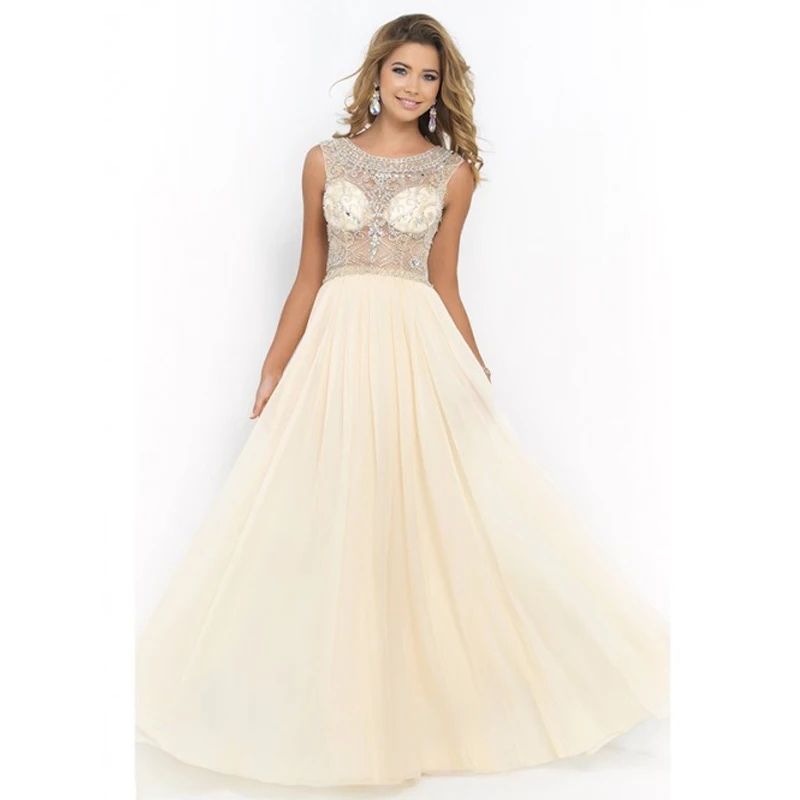 2016 New Style Chiffon Beading Transparent Back A-Line Elegant Ivory Pink Long Evening Dresses Vestido De Festa Party | Свадьбы и