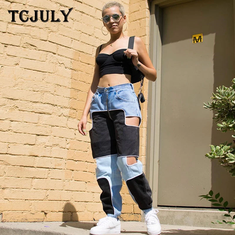 Женские брюки в стиле хип-хоп TCJULY повседневные обтягивающие пэчворк с высокой