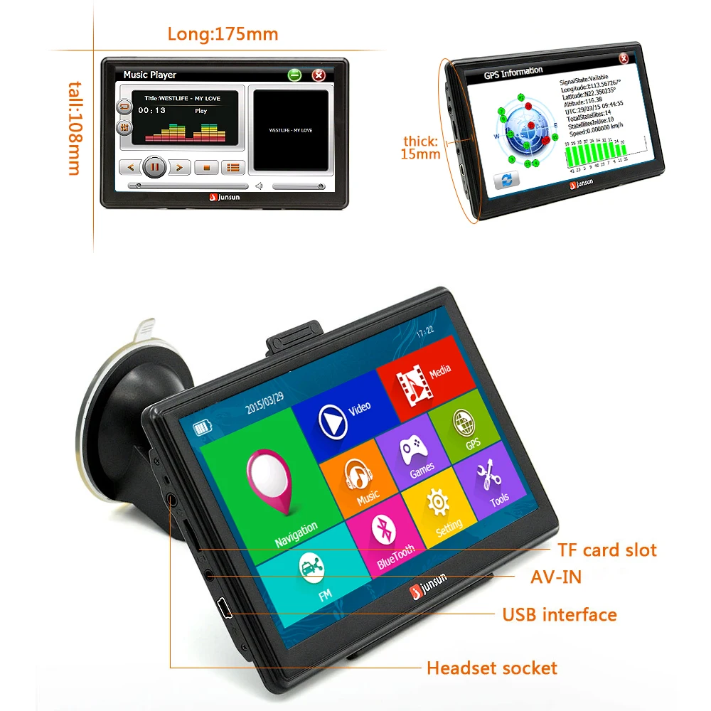 2016 Портативный Автомобильный GPS Навигации Bluetooth Единиц 7 Дюймов Емкостный экран 8
