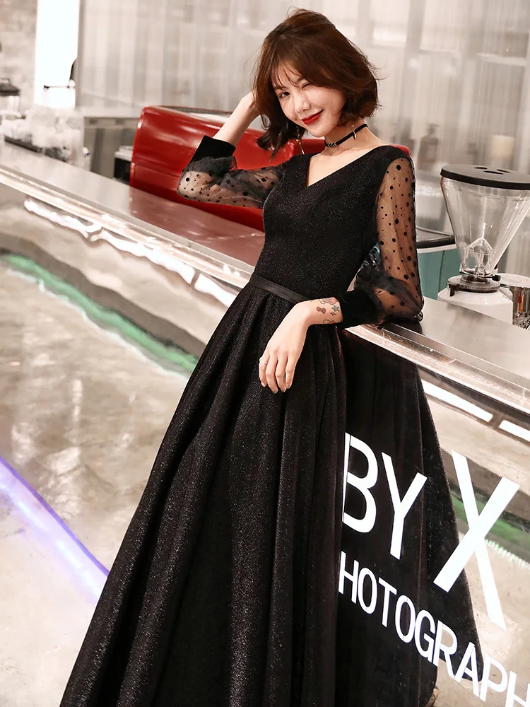 weiyin Robe De Soiree Glitter Shiny Evening Dress Full Sleeves Black Party Floor Length V Neck Formal Long | Свадьбы и торжества