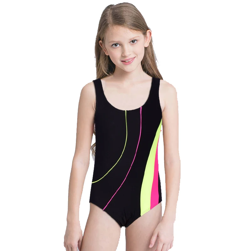 

New Girl Patchwork Swimsuit Kids One Piece Suit Sports Racing Bathing Suit 5-14 Ages Children Solid Color Swimwear Surfing Suit