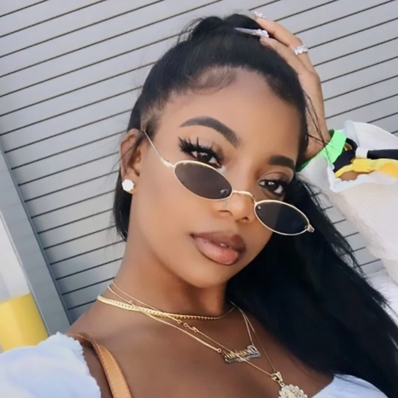 Trend Narrow Oval Glasses Retro Brand Designer Women Men Hip Hop Sun Red Yellow Cute Small Sunglasses Metal Oculos | Аксессуары для