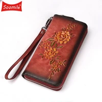 women natural skin zipper long wallet money handy bag id card holder embossed new floral genuine leather clutch wrist bags purse