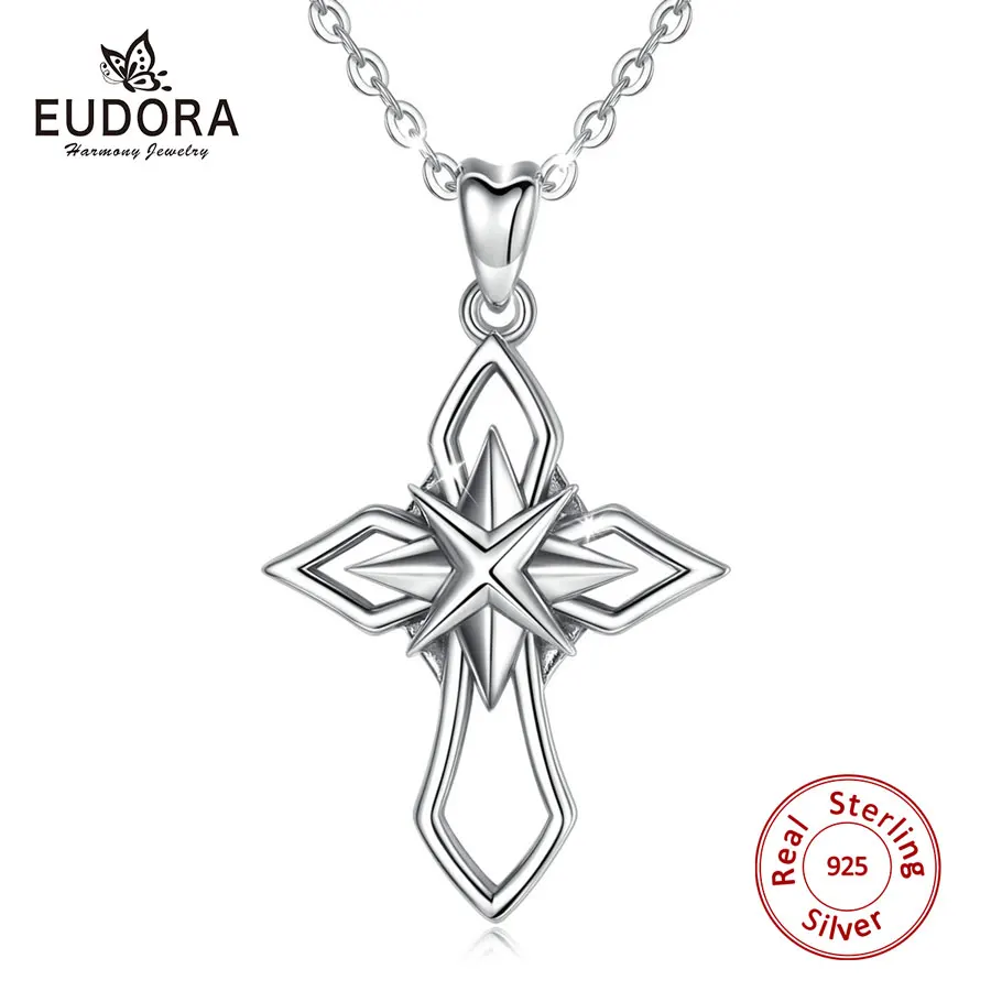 

EUDORA 925 Sterling Silver Star & Cross Pendant Unique Cross Necklace Fashion Women Jewelry Silver Charm for Dropshipping D443