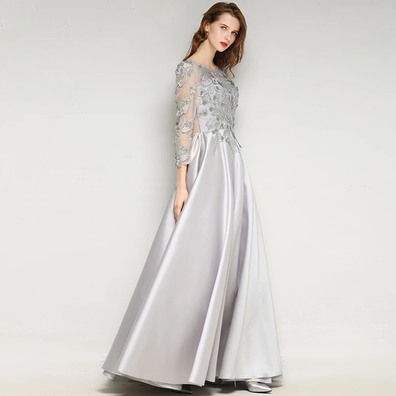 Длинное вечернее платье с аппликацией длинным рукавом а-силуэта круглым вырезом