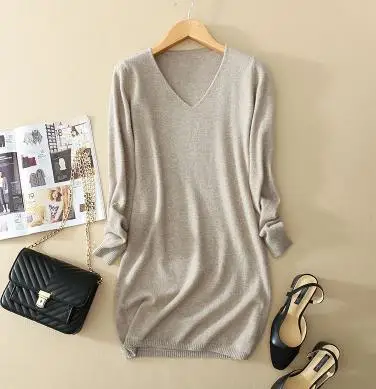 Женский кашемировый свитер длинный вязаный с V-образным вырезом Осень-зима 2021 |