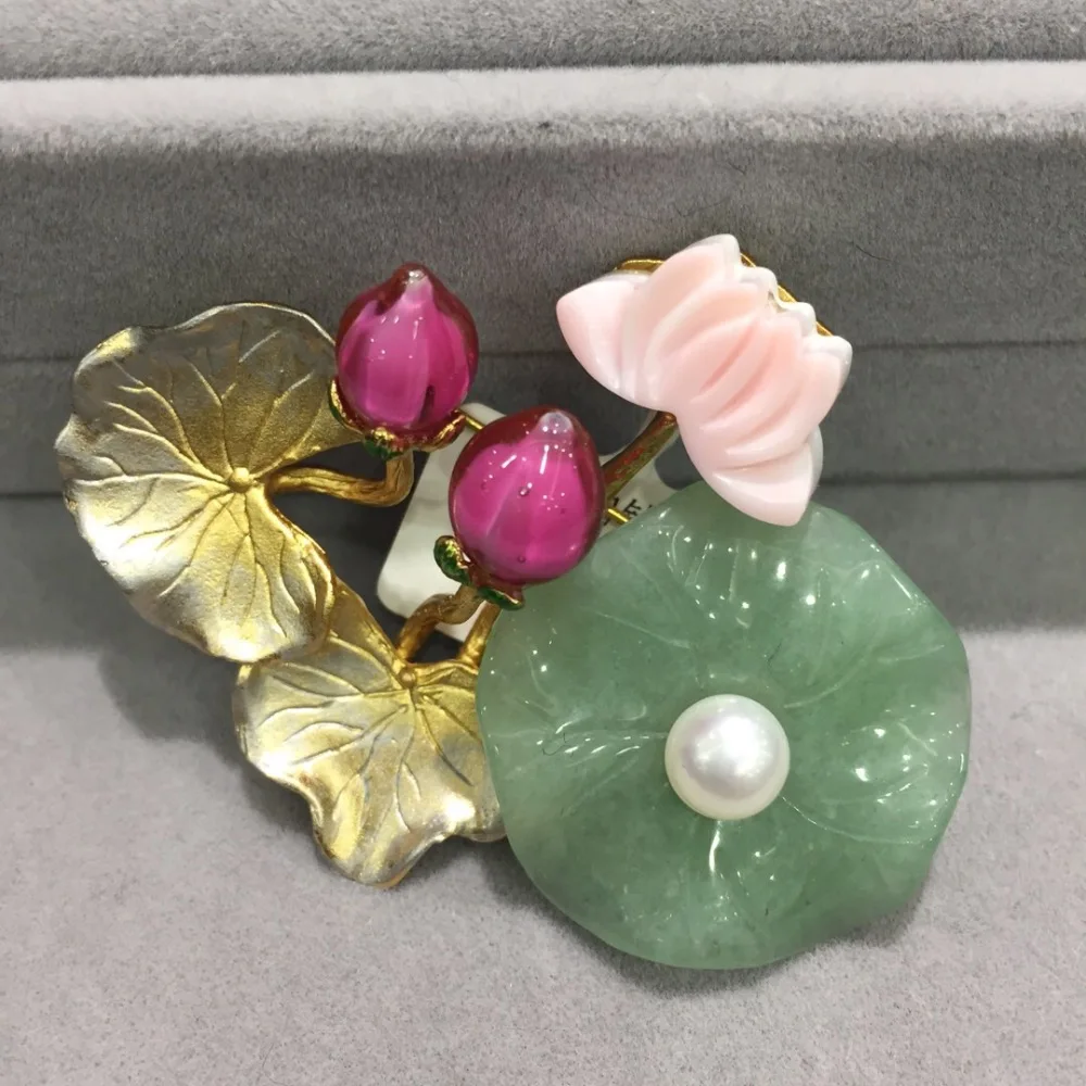 Китайская Этническая брошь в виде листьев лотоса и цветка булавки с натуральным