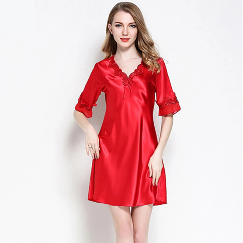Дамы Сексуальная шелковый атлас ночь платье Половина рукава ночные рубашки v