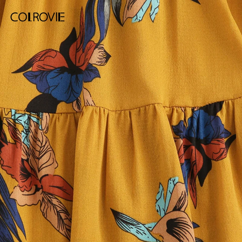 COLROVIE Ginger платье с v-образным вырезом и цветочным принтом, женское платье для отдыха, лето, короткий рукав, гофрированный подол, пляжные платья для женщин