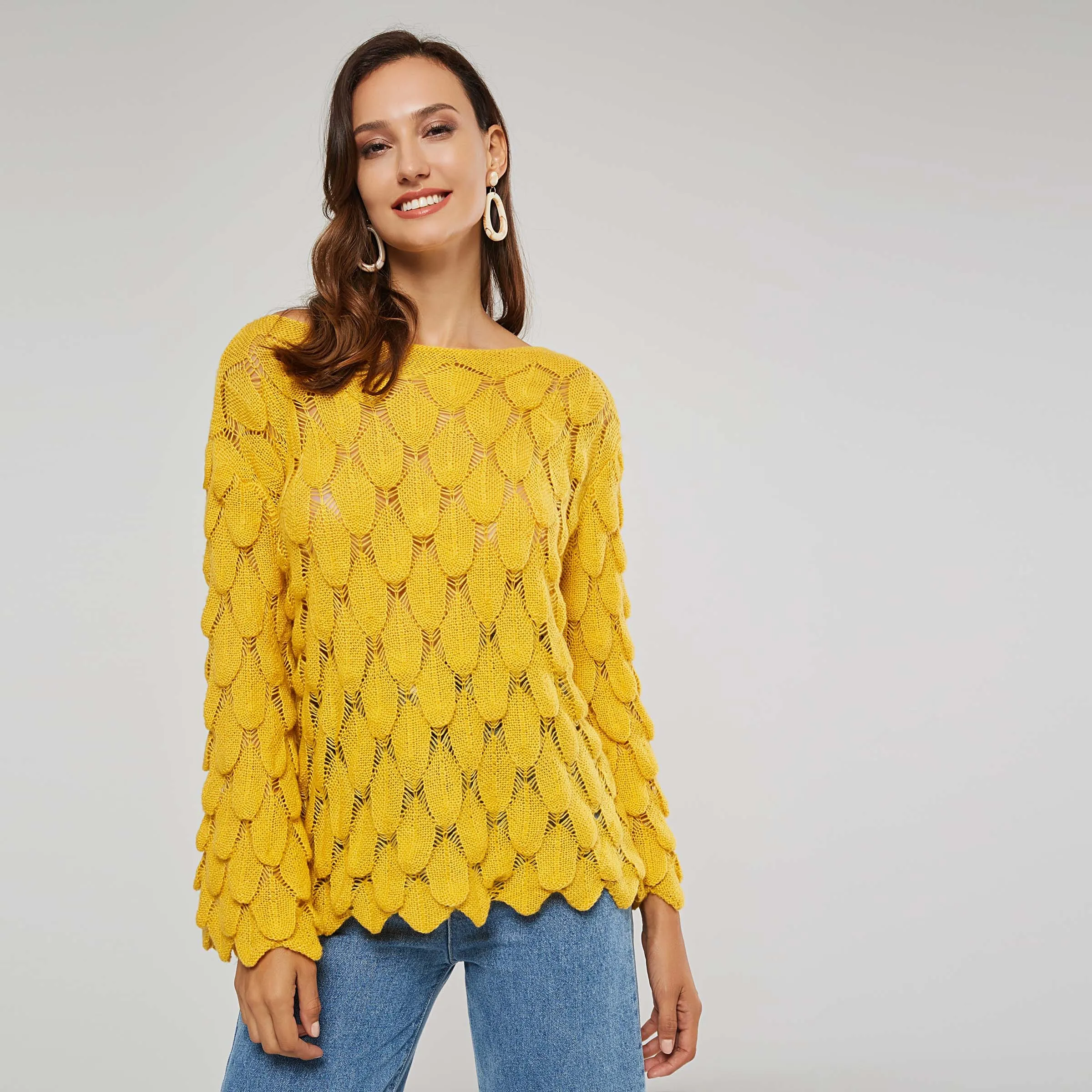Women Sweater Pullover Fashion Plain Yellow Elegant Loose Scoop Neck Harajuku Pull Hollow Boho Casual Knitted | Женская одежда
