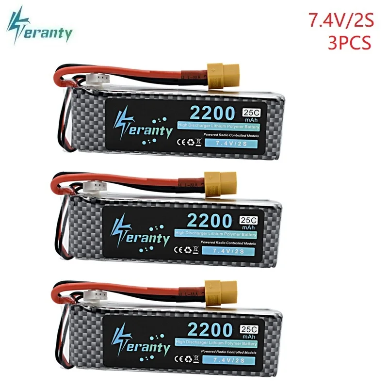 

3 шт. 2s 7,4 в 2200 мАч 25c Литий-полимерный аккумулятор XT60/T/JST, перезаряжаемый литий-полимерный аккумулятор 7,4 В для радиоуправляемого автомобиля, ...