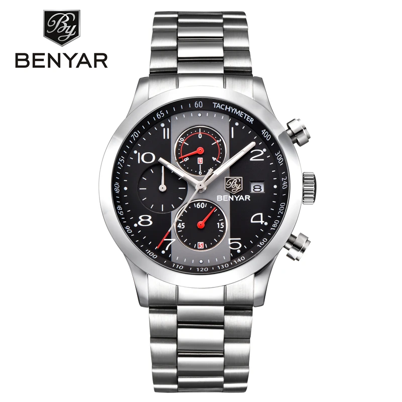 

Relogio Masculino BENYAR, брендовые Модные Военные часы с хронографом, мужские водонепроницаемые кварцевые наручные часы из нержавеющей стали, часы 2020