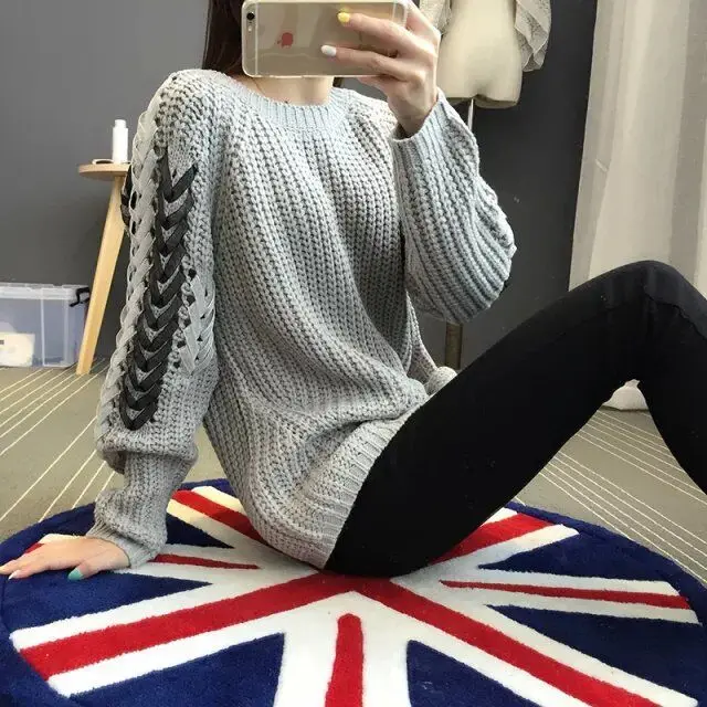 Пикантные на шнуровке зима вязаный свитер пуловер Для женщин одно плечо