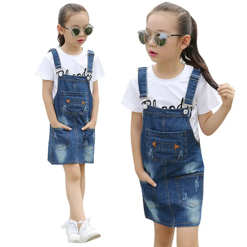Spring girls clothes autumn girl suspender dress children denim removable strap kid sleeveless 12 14 15 Years | Детская одежда и