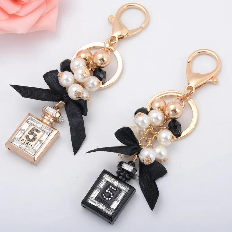 

New Creative Perfume Bottle Key Chains Fashion Beads Keychain Bowknot Key Ring Women Bag Charm Car Keyring Pendant Gifts