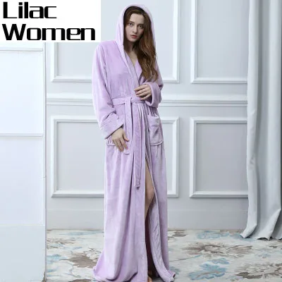 Women Lilac Удлиненный теплый Халат с капюшоном для влюбленных женщин и мужчин размера плюс, зимний утепленный банный халат, халат для подружки невесты - Цвет: Women Lilac