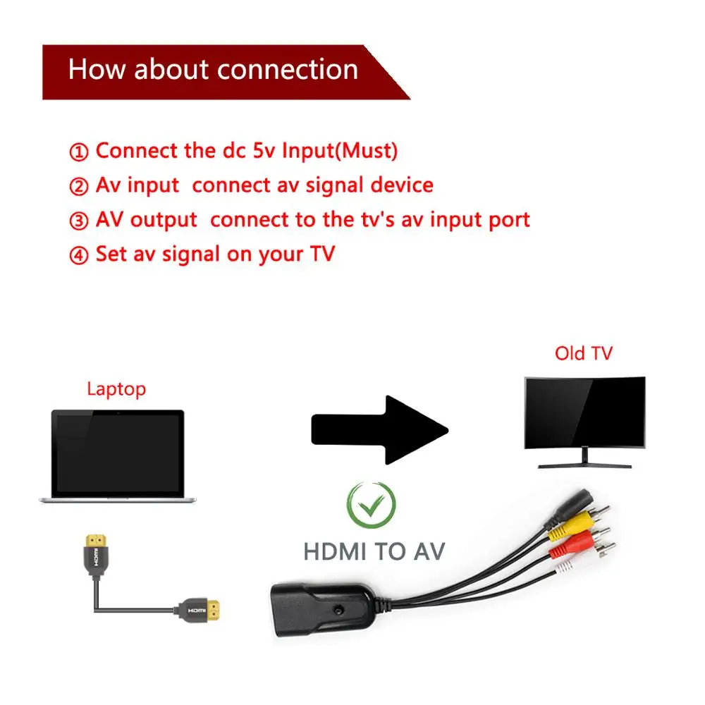 Адаптер HDMI в AV мини преобразователь видео HD RCA AV/CVSB L/R 1080P HDMI2AV поддержка вывода NTSC