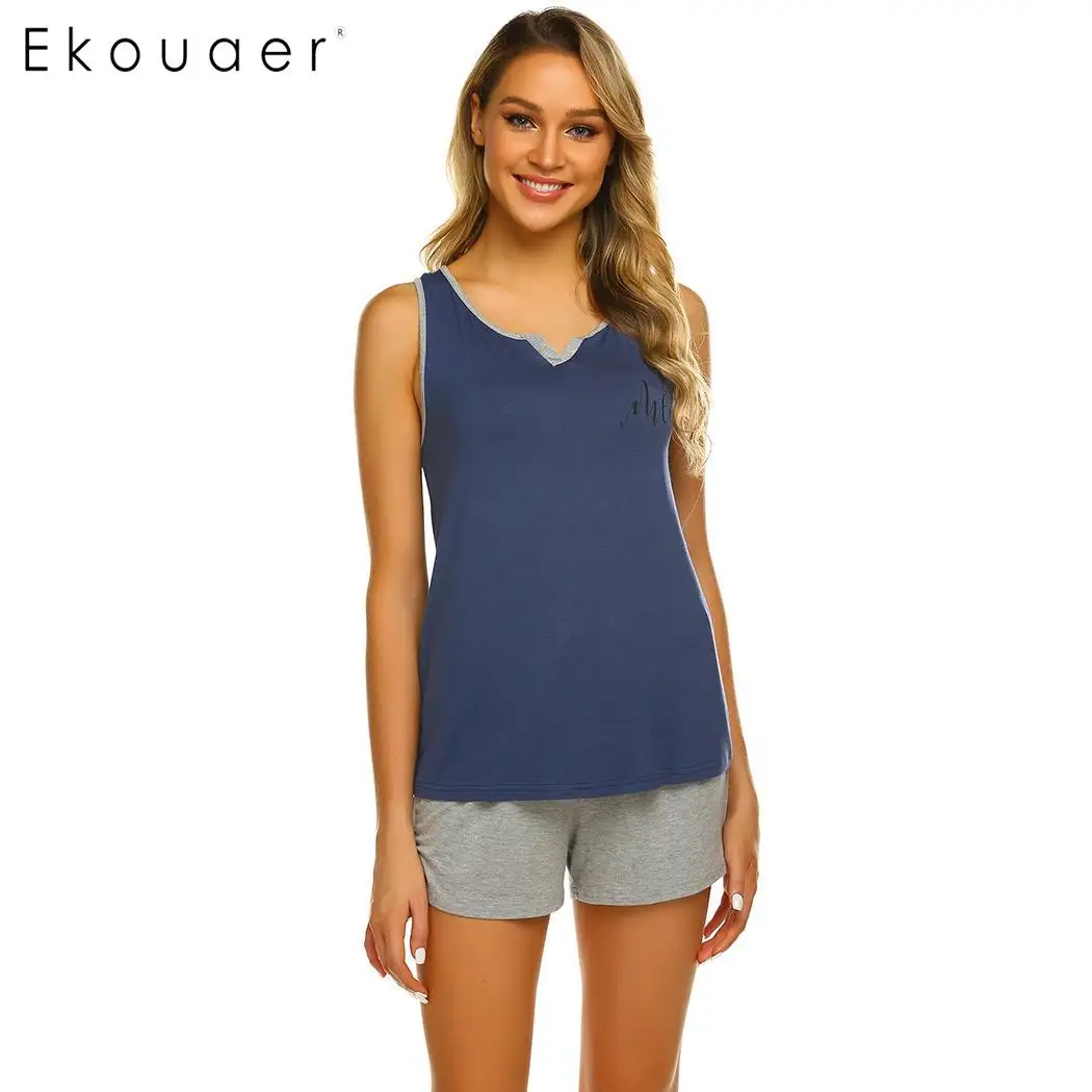 navy blue Ekouaer сексуальный пижамный комплект Женская одежда для сна с v-образным вырезом без рукавов с принтом жилет шорты ночное белье свободные пижамы набор домашняя летняя одежда - Цвет: navy blue