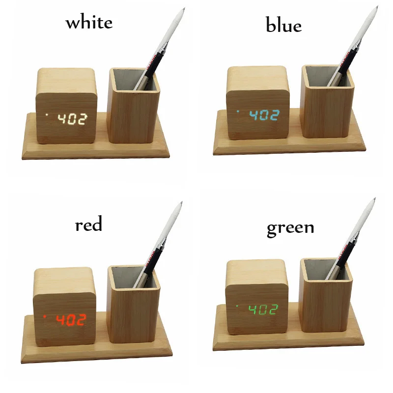 Держатель ручки LED Cube Деревянный Будильник звук управления электронными