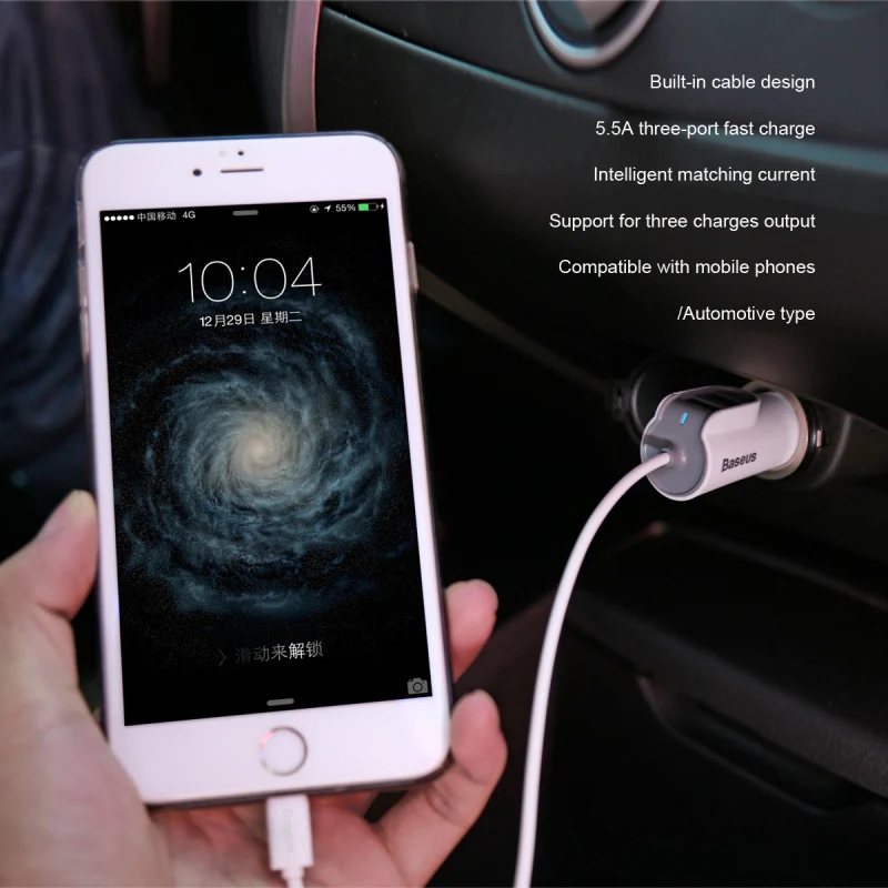 Baseus 3 в 1 USB Автомобильное зарядное устройство QC 0 Быстрая зарядка для iPhone samsung Xiaomi