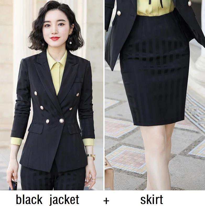 black jacket skirt Женские костюмы, тонкие осенние полосатые куртки с длинным рукавом и штаны, комплект из 2 предметов, OL Официальные Женские Брючные костюмы, женские костюмы 9851 - Цвет: black jacket skirt