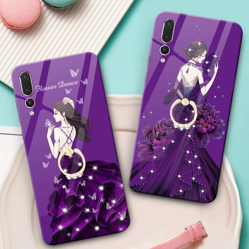 Чехлы из закаленного стекла для huawei P20 Pro чехол свадебной девочки Rhinestone Finger Ring P 20Pro