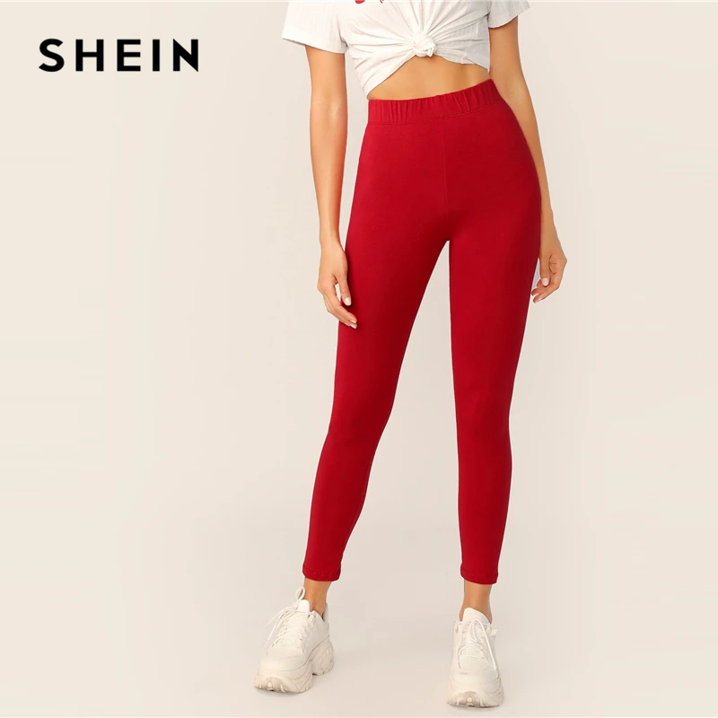 SHEIN однотонные леггинсы с эластичной резинкой на талии,, черные, красные, весна-осень, эластичные однотонные леггинсы, сексуальная женская одежда, леггинсы для тренировок