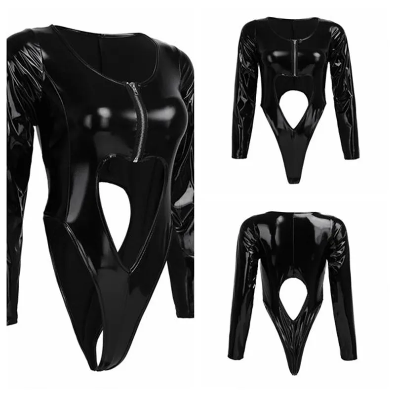 Женское нижнее белье из лакированной кожи с эффектом WetLook с длинным рукавом на молнии спереди, с вырезами, с высокой посадкой, трико, боди, комбинезон