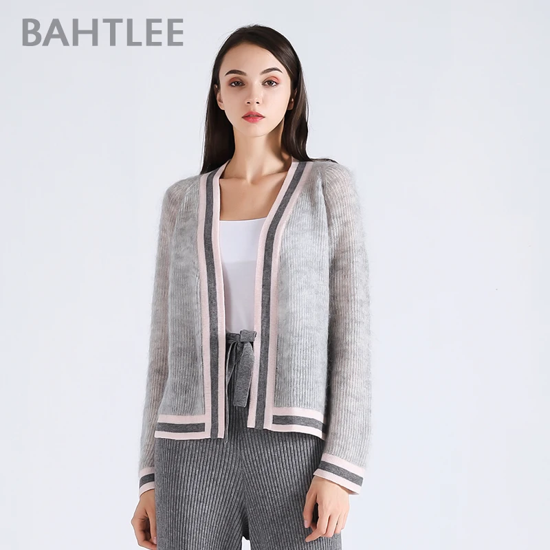 BAHTLEE Spring Autumn Women's Mohair Coat Knitted Cardigan Sweater V-neck Long Sleeves Wool Striped Thin Light