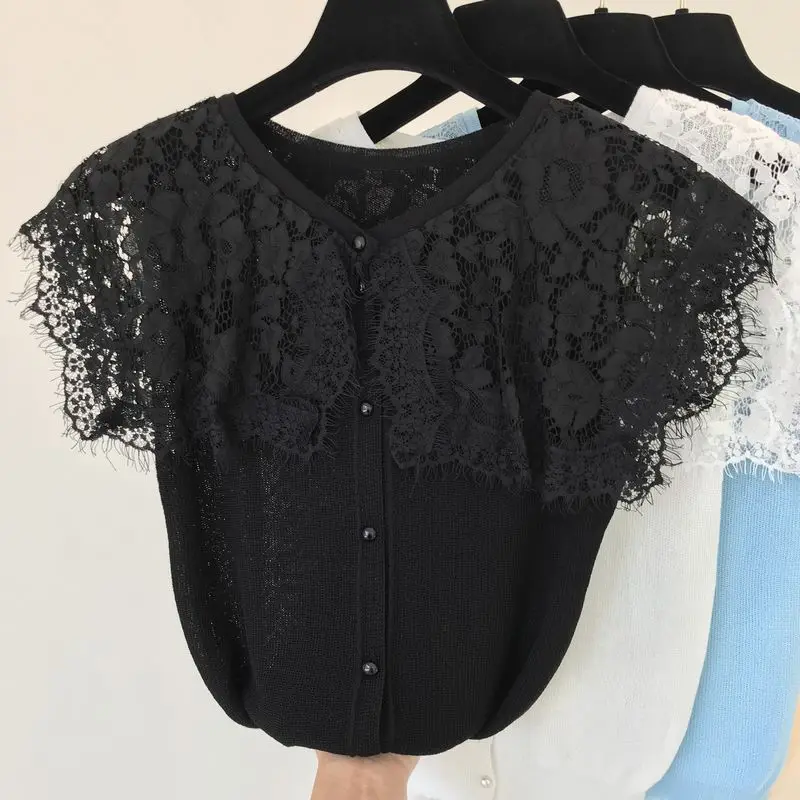 ALPHALMODA Летний Женский вязаный кардиган с кружевным воротником, однобортный кружевной кардиган в стиле пэчворк, милая Повседневная летняя одежда