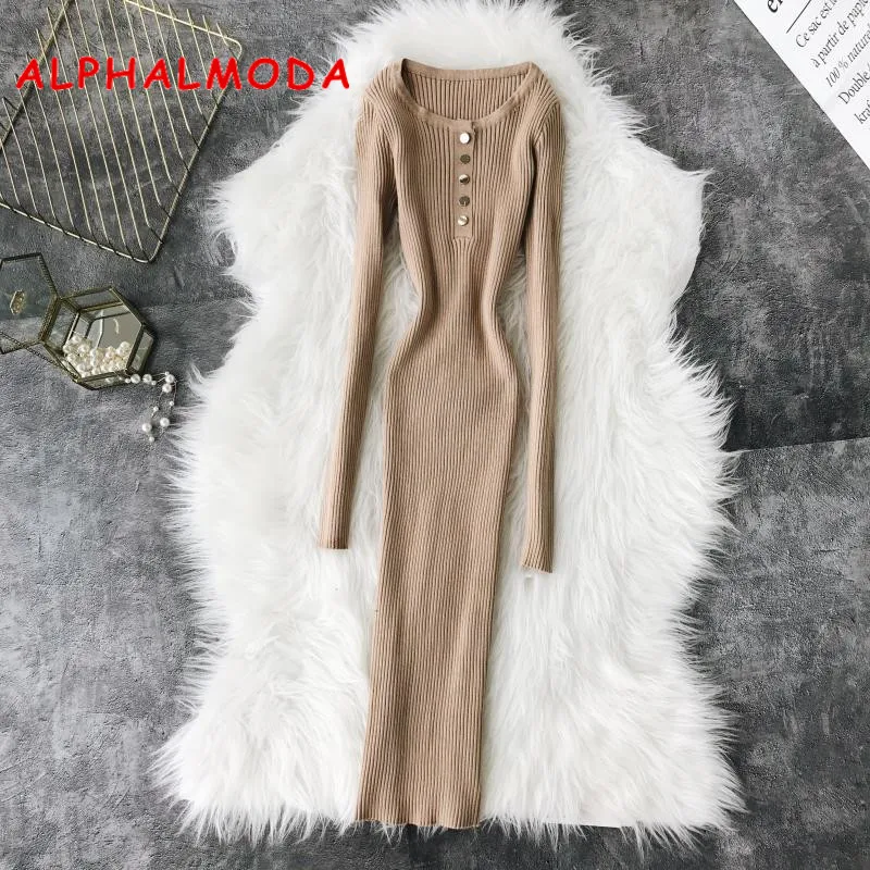 ALPHALMODA 2018 женское тонкое трикотажное платье с длинным рукавом на пуговицах