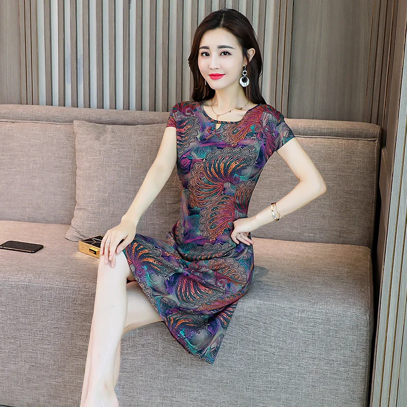 2019 Summer Middle-aged Mother Loose Comfortable Ccotton Print Round Neck Short Sleeve Plus Size 5XL Beach Mid-length Dress | Женская