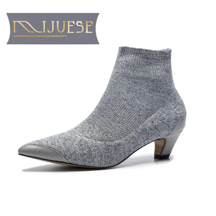 Женские ботильоны из коровьей кожи MLJUESE черные вязаные ботинки на низком каблуке