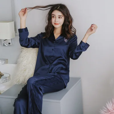 navy blue Новинка, Женская осенне-зимняя Шелковая пижама, комплект из 2 предметов, роскошная Пижама с вышивкой в виде сердца, одежда для дома, сексуальная пижама, одежда для сна, домашняя одежда для отдыха - Цвет: navy blue