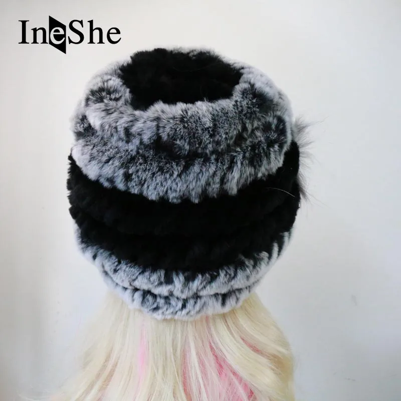 IneShe Женщин Натурального Меха Шапки Вязание Рекс Кролика русский Шляпа