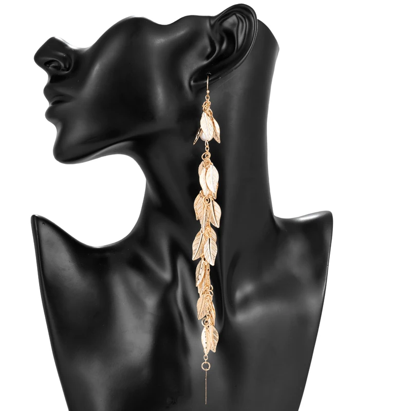 Metal Leaf Tassel Long Drop Earrings For Women Gold Color Maxi Statement Hanging Dangle Asymmetry Earring Wedding Party Jewelry | Украшения