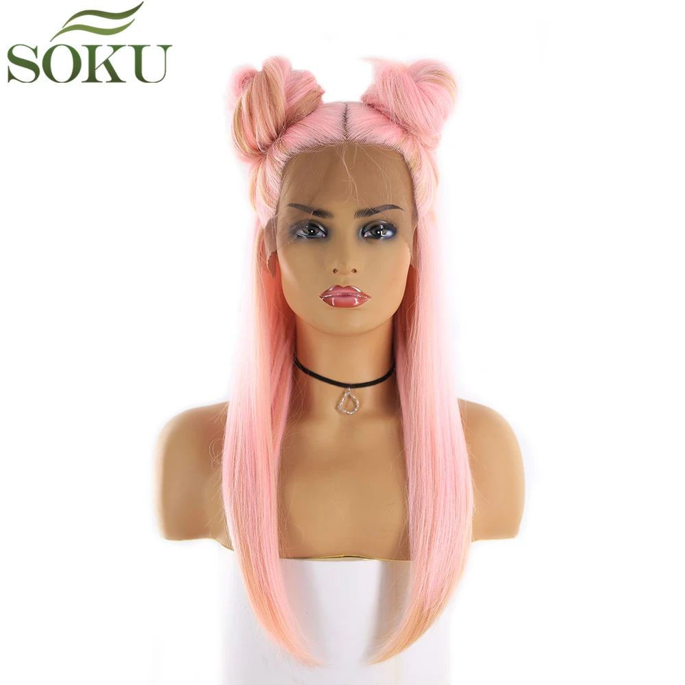 SOKU Pink Color Synthetic Lace Front Wigs For Black Women Middle Part Wig 130% Density Glueless High Temperature Fiber Wigs