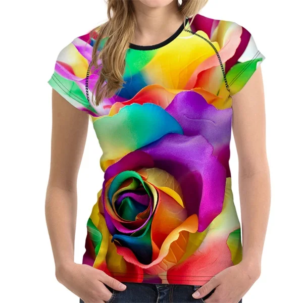 FORUDESIGNS/женская футболка с 3D цветочным принтом с красной розой, модные топы с круглым вырезом и коротким рукавом, брендовая одежда для фитнеса, женские футболки - Цвет: CC2550BV.