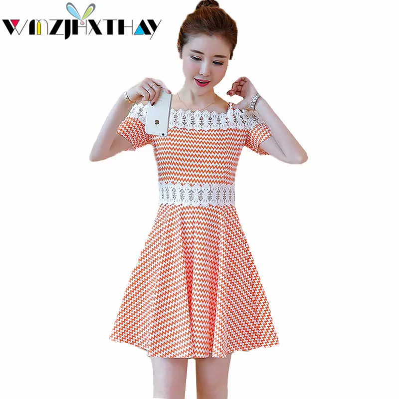 Симпатичное Полосатое платье 2018 новый летний сплайсинга Кружево трапециевидной