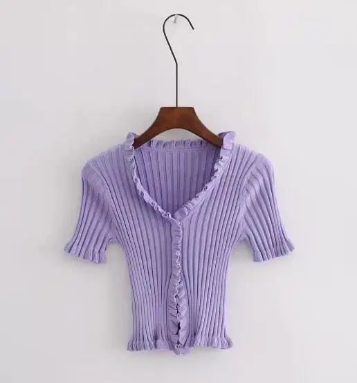 light purple Сексуальные АА деревянные уши Открытые Кнопки V шеи короткий рукав тройник новые женские трикотажные колготки футболка передний разрез кроп Топы трикотаж 8 цветов - Цвет: light purple
