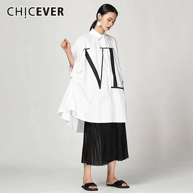 CHICEVER, летняя повседневная женская рубашка с буквенным принтом, с отворотом, рукав летучая мышь, на пуговицах, свободная, негабаритная, Длинная блузка, женская верхняя одежда