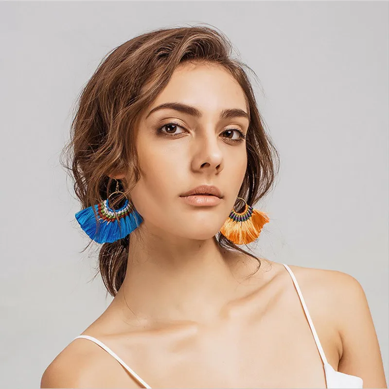 Alamoki 10 Цвета Boho кисточкой Серьги ручной длинные серьги красочные для Для женщин