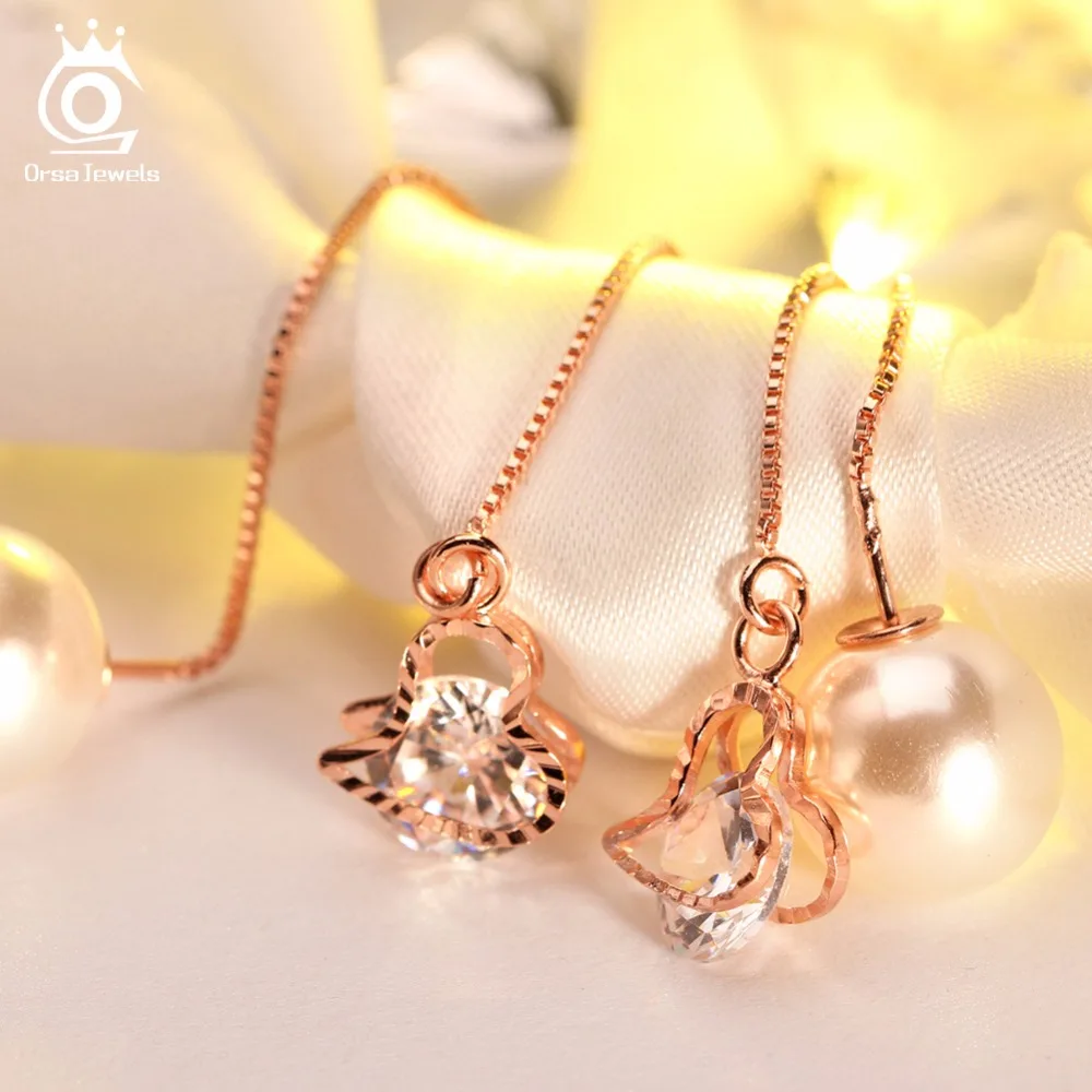 ORSA JEWELS Австрийские длинные с кристаллами серьги-гвоздики в форме сердца с большим искусственным жемчугом элегантные золотые ювелирные изделия для женщин OME26