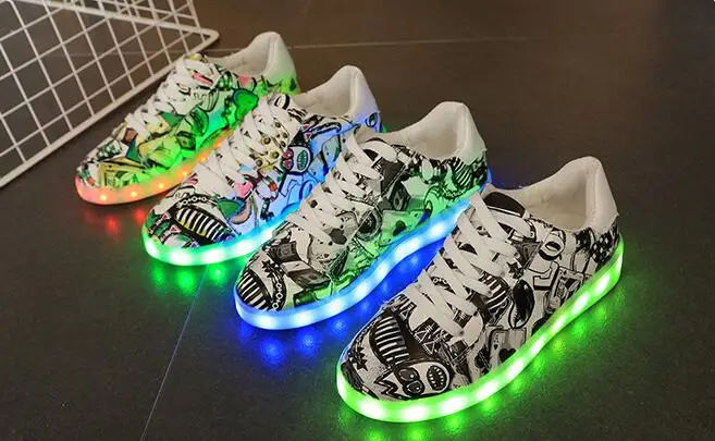 7ipupas 27-44 USB зарядка модный светодиодный обуви новые граффити светящиеся кроссовки для мальчиков и девочек унисекс светящийся светильник кроссовки