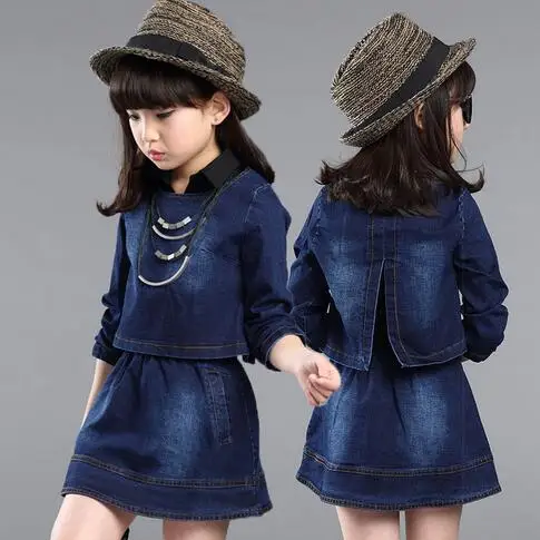 Модный Джинсовый комплект с юбкой для маленьких девочек платье отложным