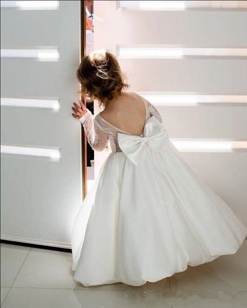Pure White Tulle Lace First Communion Gowns with Bow Backless Custom Made Flower Girl Dresses For Wedding Girls Parties Vestidos | Детская