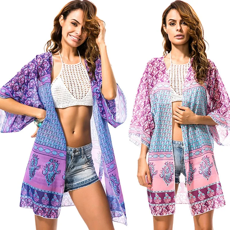 Женская пляжная блузка шифоновая рубашка бикини одежда бохо накидка рубашки